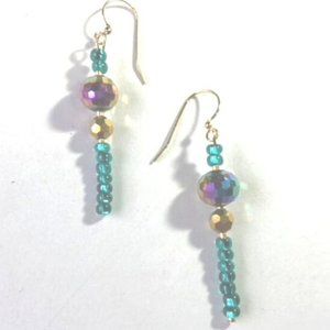Beautiful Gold Purple And Green Crystal Earrings With Gold  Plated Hooks 1 3/4"